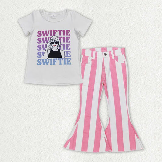 GSPO1597 swiftie letter white short sleeve pink and white striped denim trousers suit