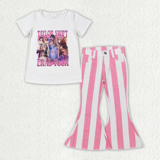 GSPO1598 White short-sleeved pink and white striped denim pants suit