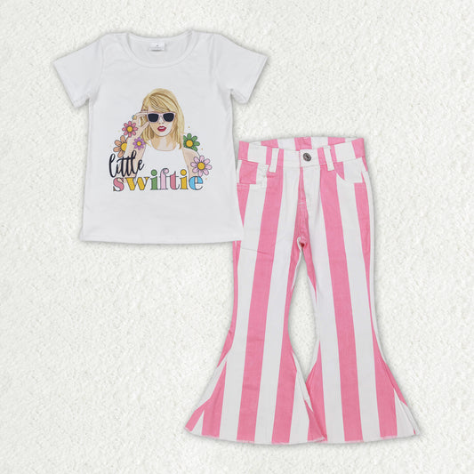GSPO1599 little swiftie floral short-sleeved pink and white striped denim trousers suit
