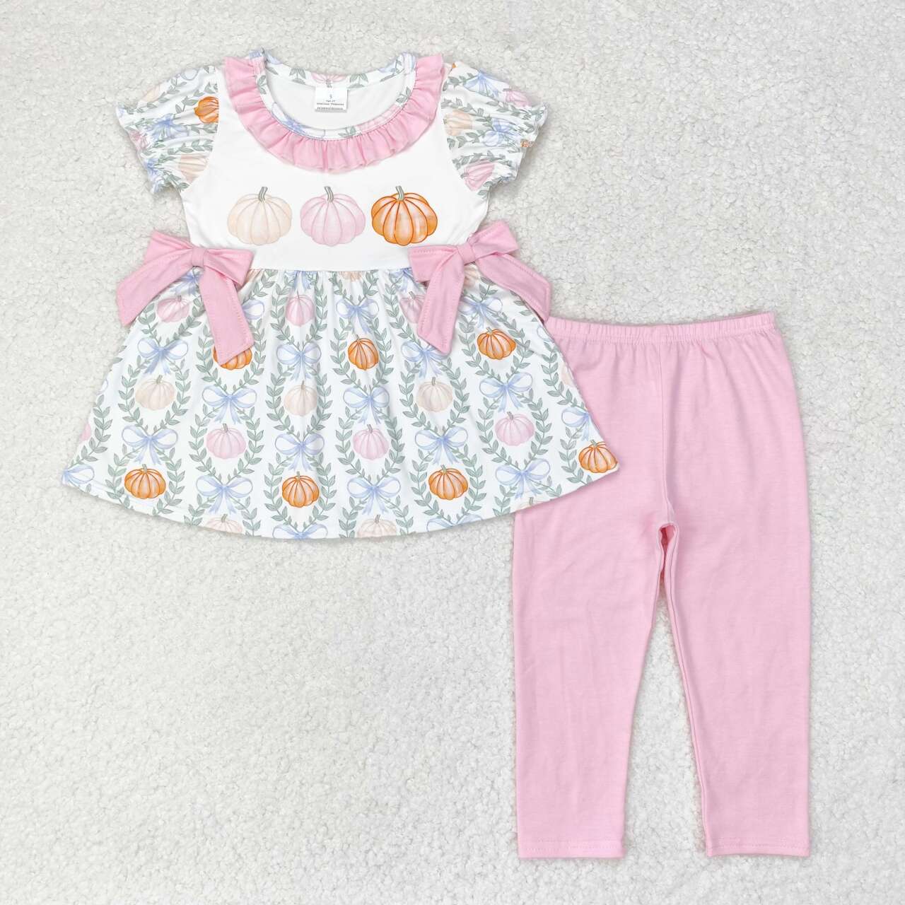 GSPO1601 Pumpkin Leaf Pink Lace Bow Short Sleeve Pants Set