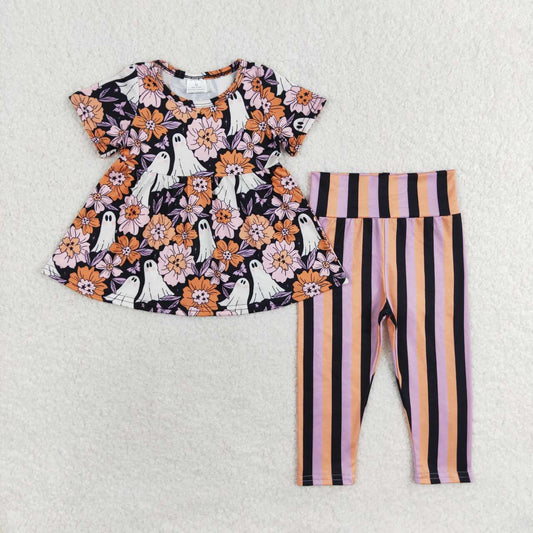 GSPO1617 Flower Ghost Short Sleeve Purple Orange Black Striped Pants Suit