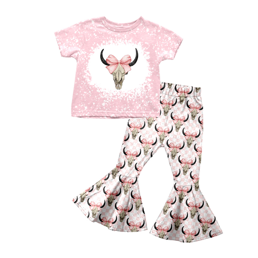 presale GSPO1619 Alpine Cow Head Bow Pink Short Sleeve Plaid Pants Suit