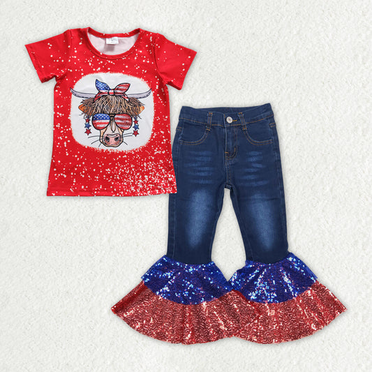 GSPO1621 Baby Girls July Cow Shirt Top Sequin Denim Jeans Pants Clothes Sets