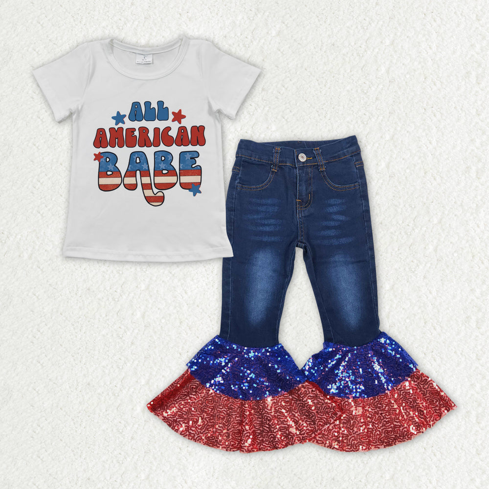 GSPO1623 Baby Girls All American Babe Shirt Top Sequin Denim Jeans Pants Clothes Sets