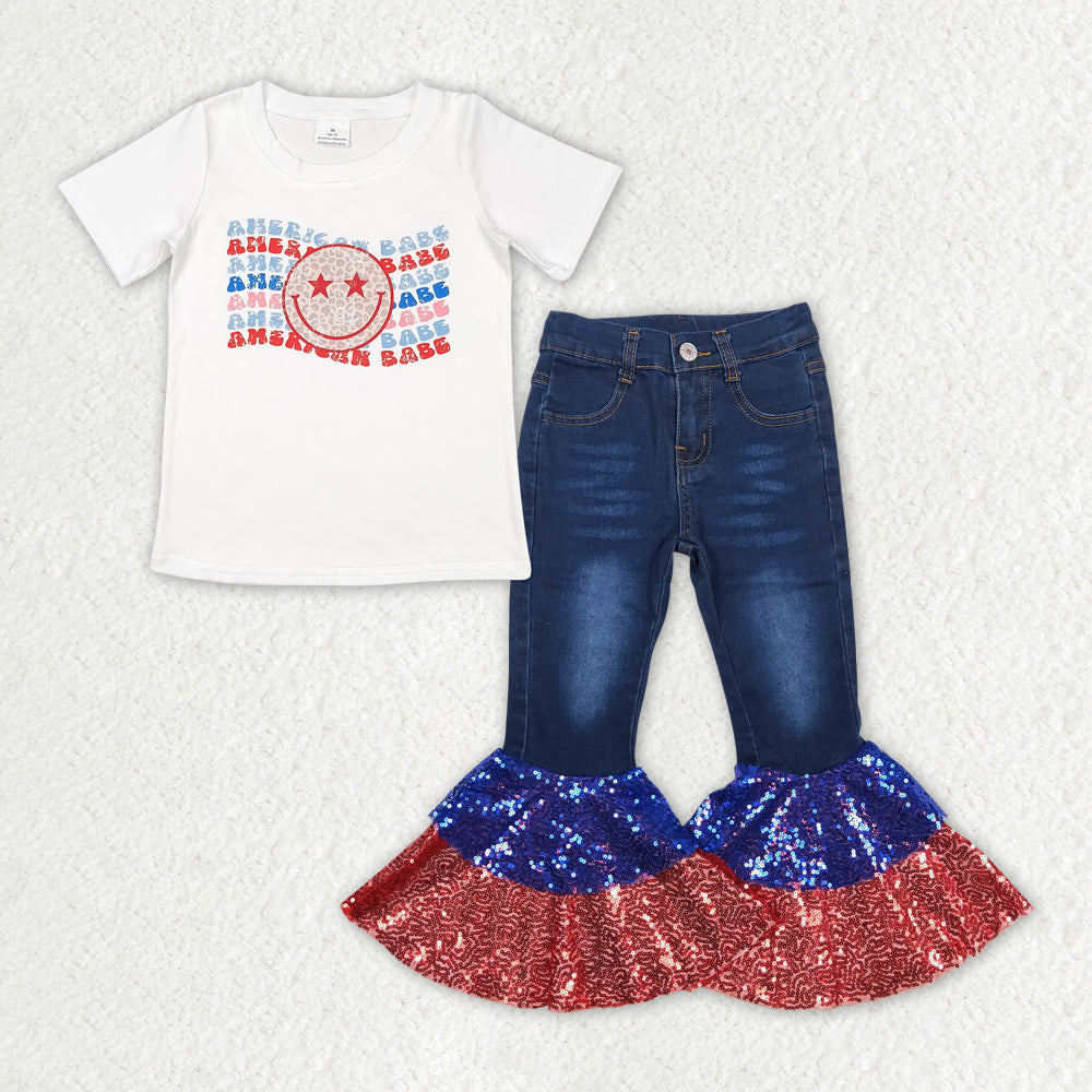 GSPO1624 Baby Girls American Babe Shirt Top Sequin Denim Jeans Pants Clothes Sets