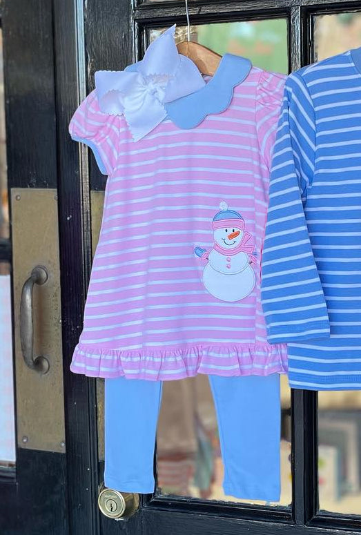 presale GSPO1629 Christmas Snowman Striped Pink Short Sleeve Blue Pants Suit