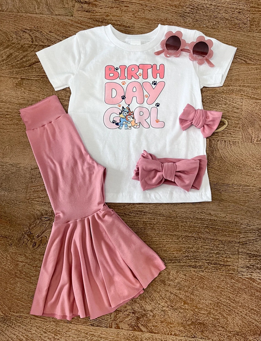 presale GSPO1631 Baby Girls Birthday Girl Dog Shirt Pink Bell Pants Clothes Sets