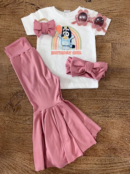 presale GSPO1632 Baby Girls Birthday Girl Rainbow Dog Shirt Pink Bell Pants Clothes Sets