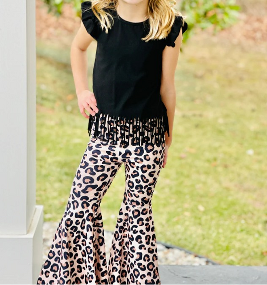 presale GSPO1638 Black fringed flying sleeves leopard print trousers suit