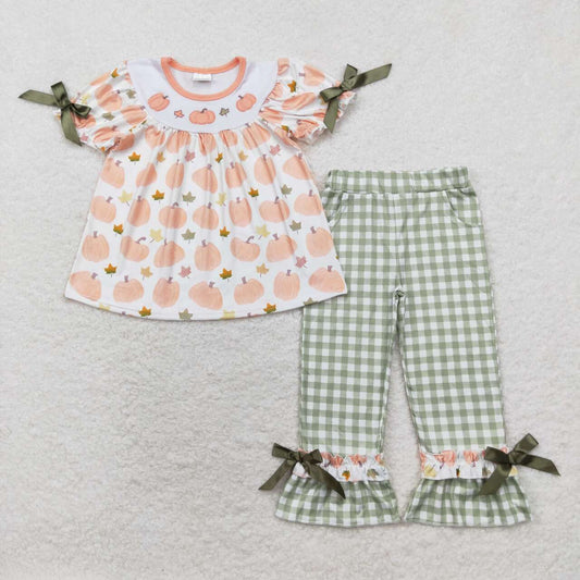 GSPO1640 Pumpkin Leaf Short Sleeve Green Plaid Trousers Suit