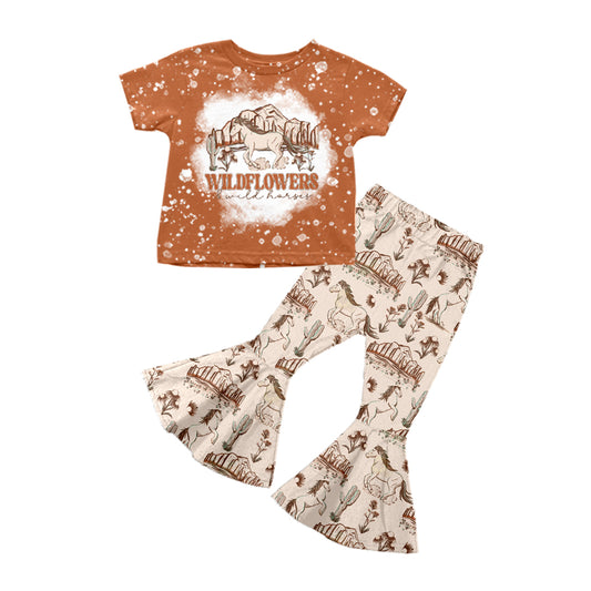 presale  GSPO1642 Horse Cactus Peak Brown Short Sleeve Pants Set