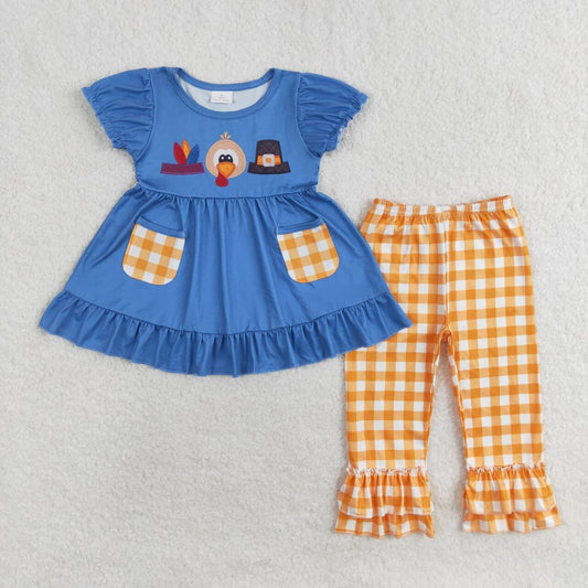 GSPO1643 Turkey Hat Pocket Blue Short Sleeve Yellow Plaid Pants Suit