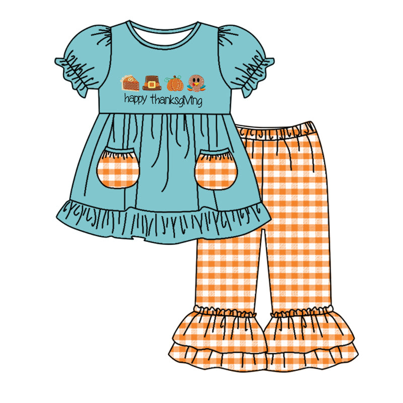 presale GSPO1644 Turkey Pumpkin Pocket Teal Short Sleeve Orange Plaid Pants Suit