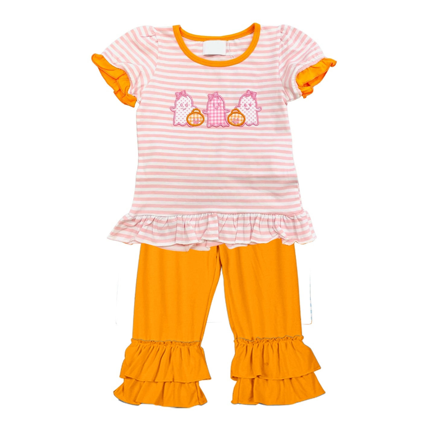 presale GSPO1646 Ghost Pumpkin Pink Striped Short Sleeve Orange Pants Set