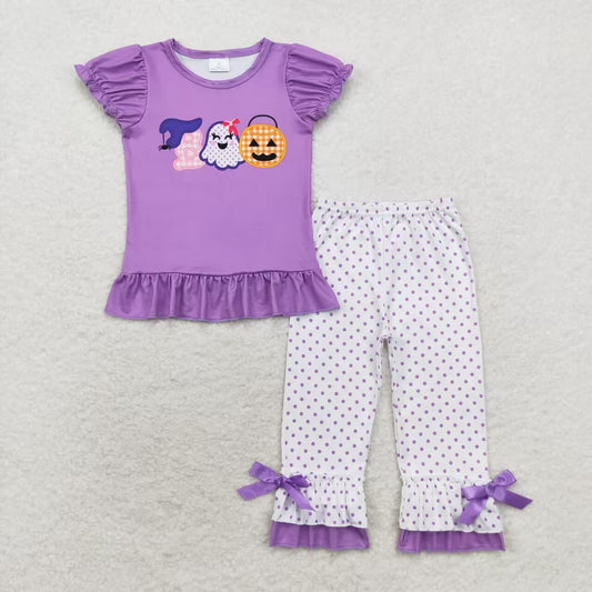 GSPO1647 Ghost Pumpkin Purple Short Sleeve Polka Dot Plaid Pants Set