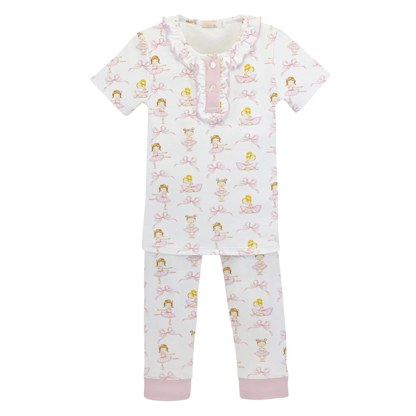 presale GSPO1649 Pink bow pattern dancing white short-sleeved long pants pajama set