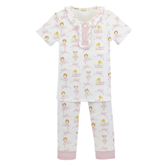 presale GSPO1649 Pink bow pattern dancing white short-sleeved long pants pajama set