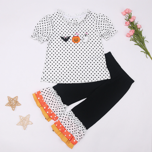 presale GSPO1652 Bat Pumpkin Ghost Black Polka Dot Short Sleeve Pants Set
