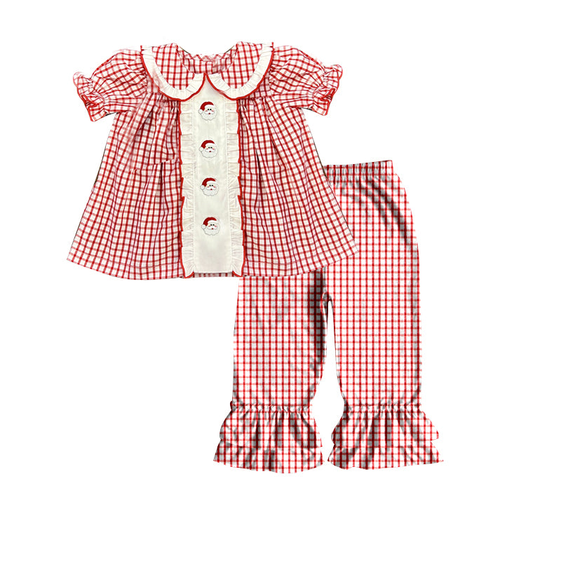 presale GSPO1654 Santa Claus Red Plaid Doll Collar Short Sleeve Pants Suit