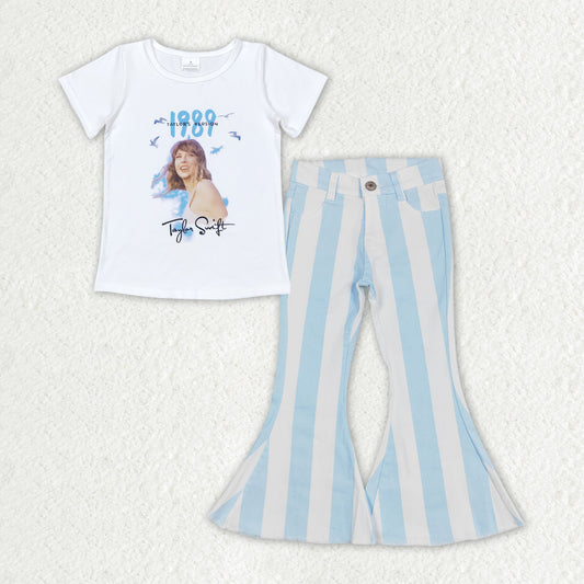 GSPO1655 Baby Girls 1989 Singer Shirt Top Blue Stripes Denim Jeans Pants Clothes Sets