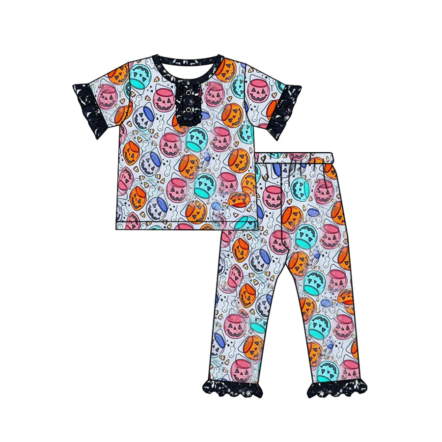 presale GSPO1667 Halloween Smiley Pumpkin Short Sleeve Long Pants Pajama Set