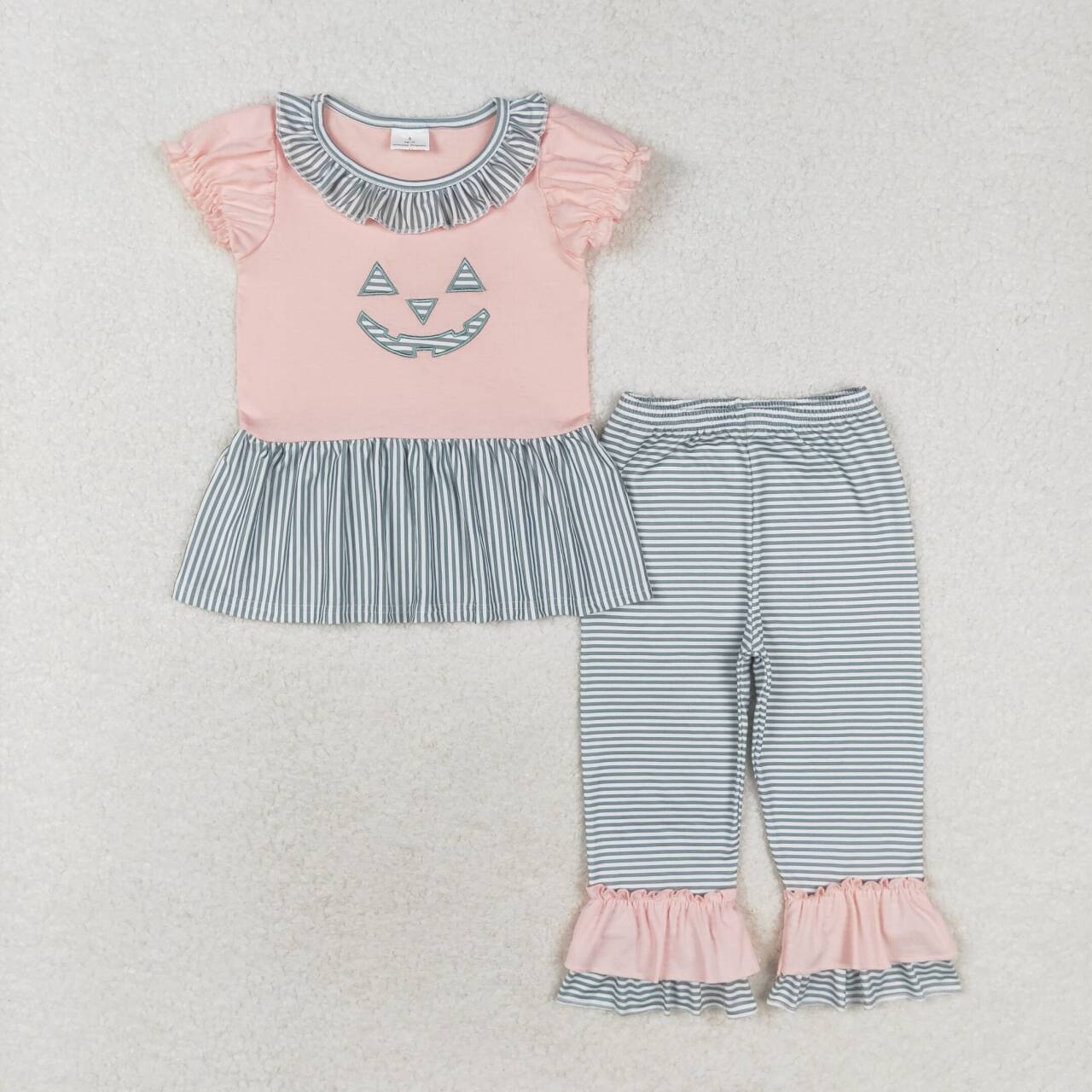GSPO1671  Halloween Lace Short Sleeve Green Striped Pants Set