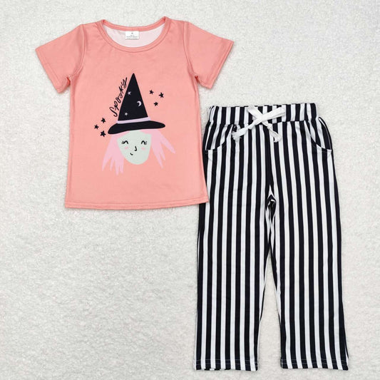 GSPO1673 Women's pink orange short-sleeved black and white striped trousers suit