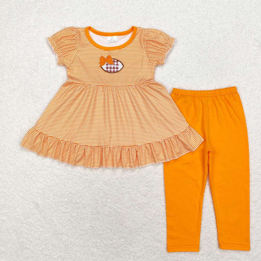 GSPO1674 Embroidered Orange Bow Rugby Stripe Short Sleeve Pants Set