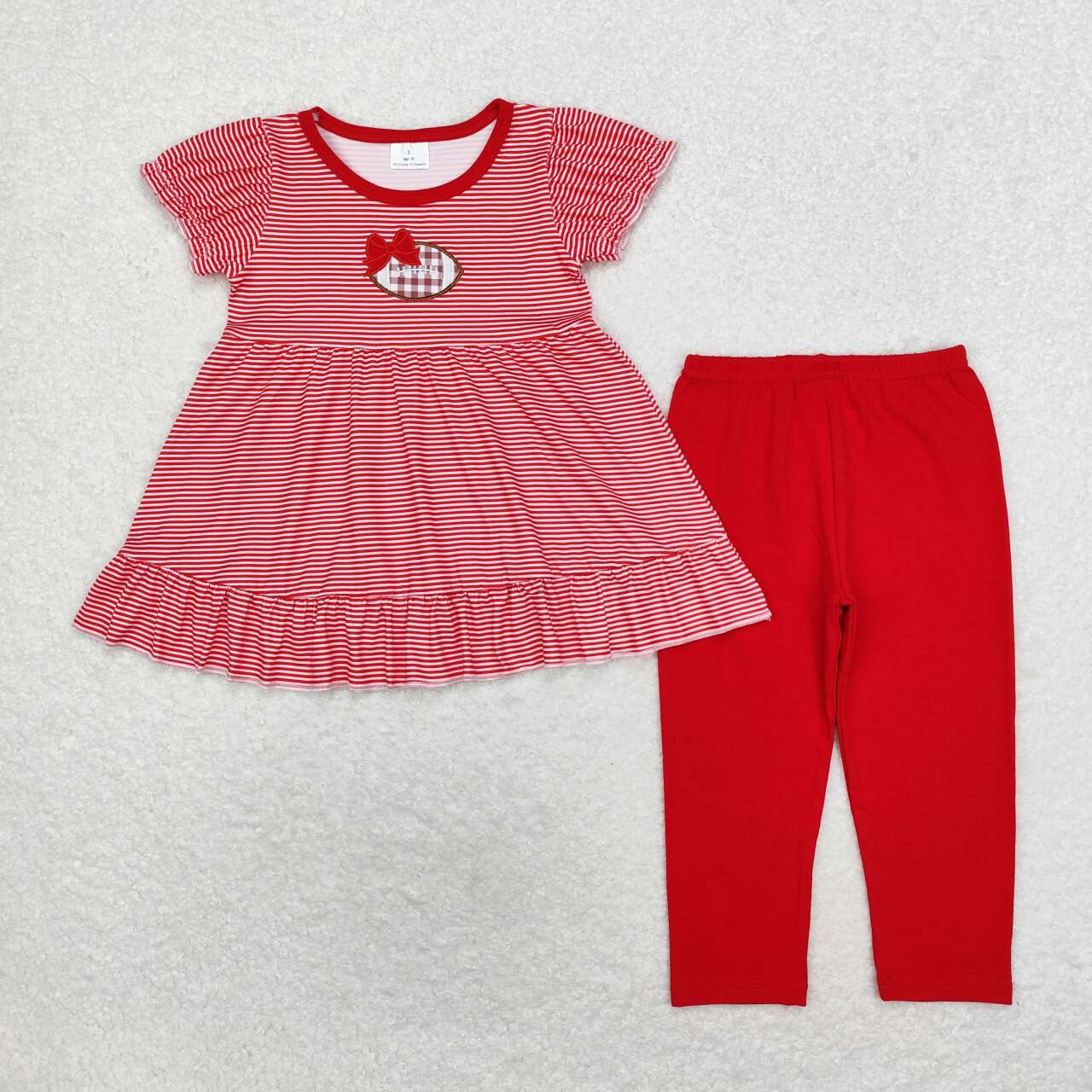 GSPO1675 Embroidered Red Bow Rugby Stripe Short Sleeve Trousers Set