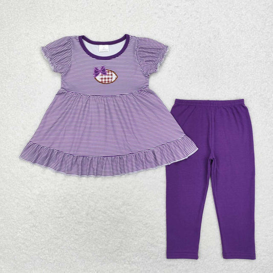 GSPO1676 Embroidered Purple Bow Rugby Stripe Short Sleeve Pants Set