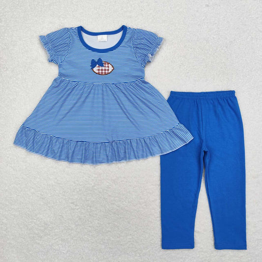 GSPO1677 Embroidered Blue Bow Rugby Stripe Short Sleeve Trousers Set