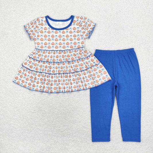 GSPO1678 Pumpkin Bow Short Sleeve Blue Pant Suit