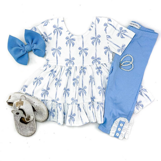 presale GSPO1688 Blue bow short-sleeved top and white lace trousers set  2024 7.27