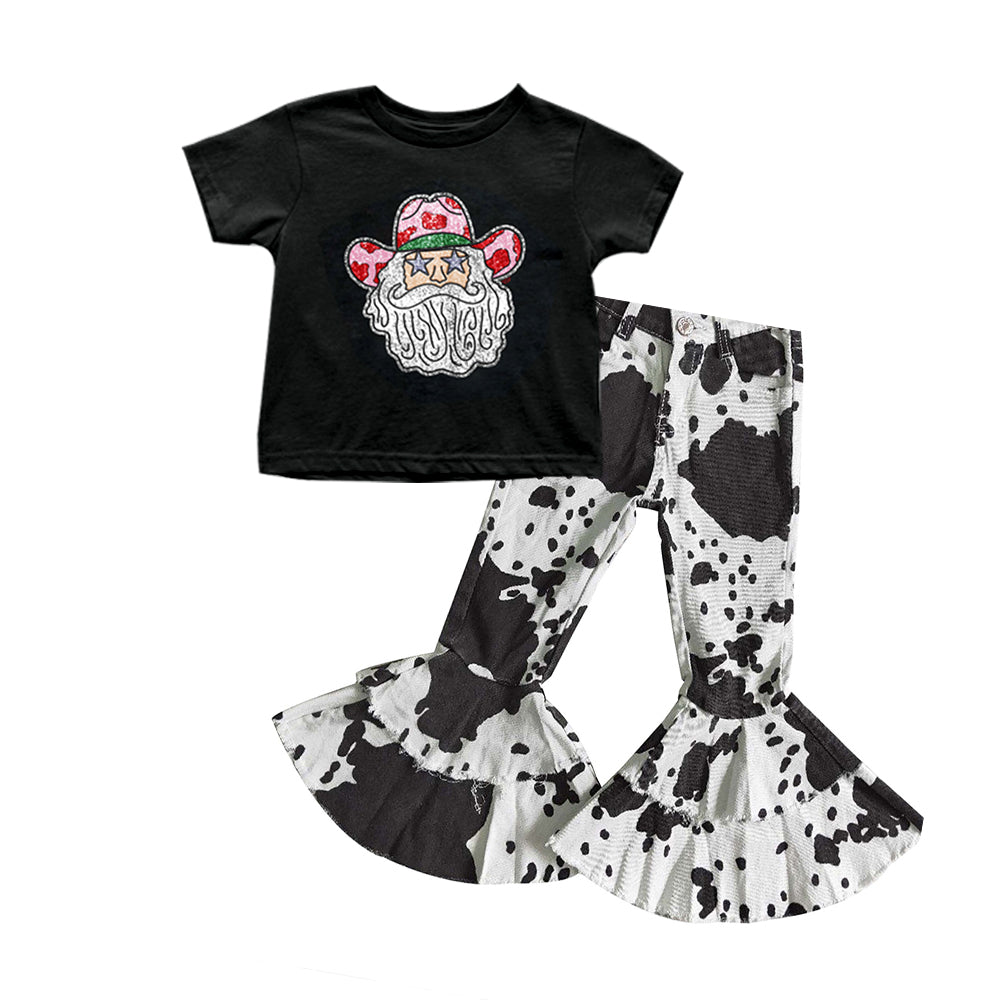 presale GSPO1694 Santa Claus black short-sleeved cow pattern double lace denim pants suit  2024 8.2