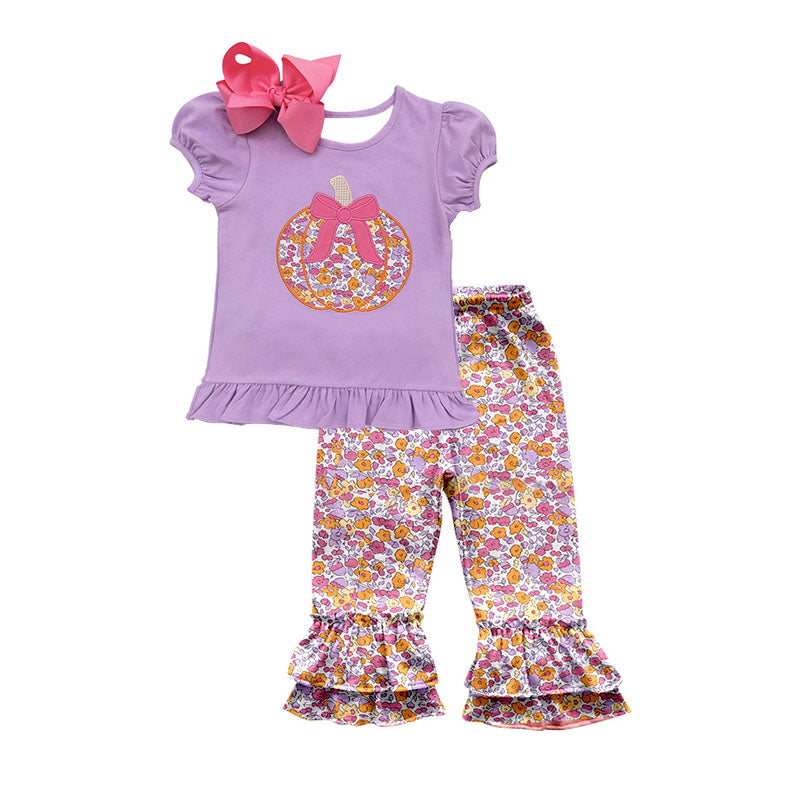 presale GSPO1696 Pumpkin Bow Flower Purple Short Sleeve Pants Set   2024 8.5