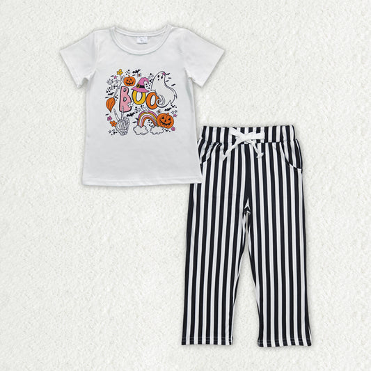 GSPO1701 Rainbow Pumpkin Short Sleeve Black and White Striped Pants Set