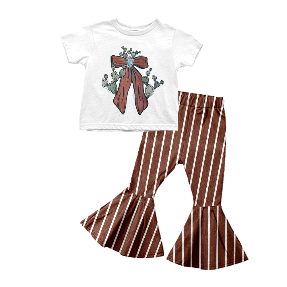 GSPO1704  Cactus Bow White Short Sleeve Brown Striped Trousers Set