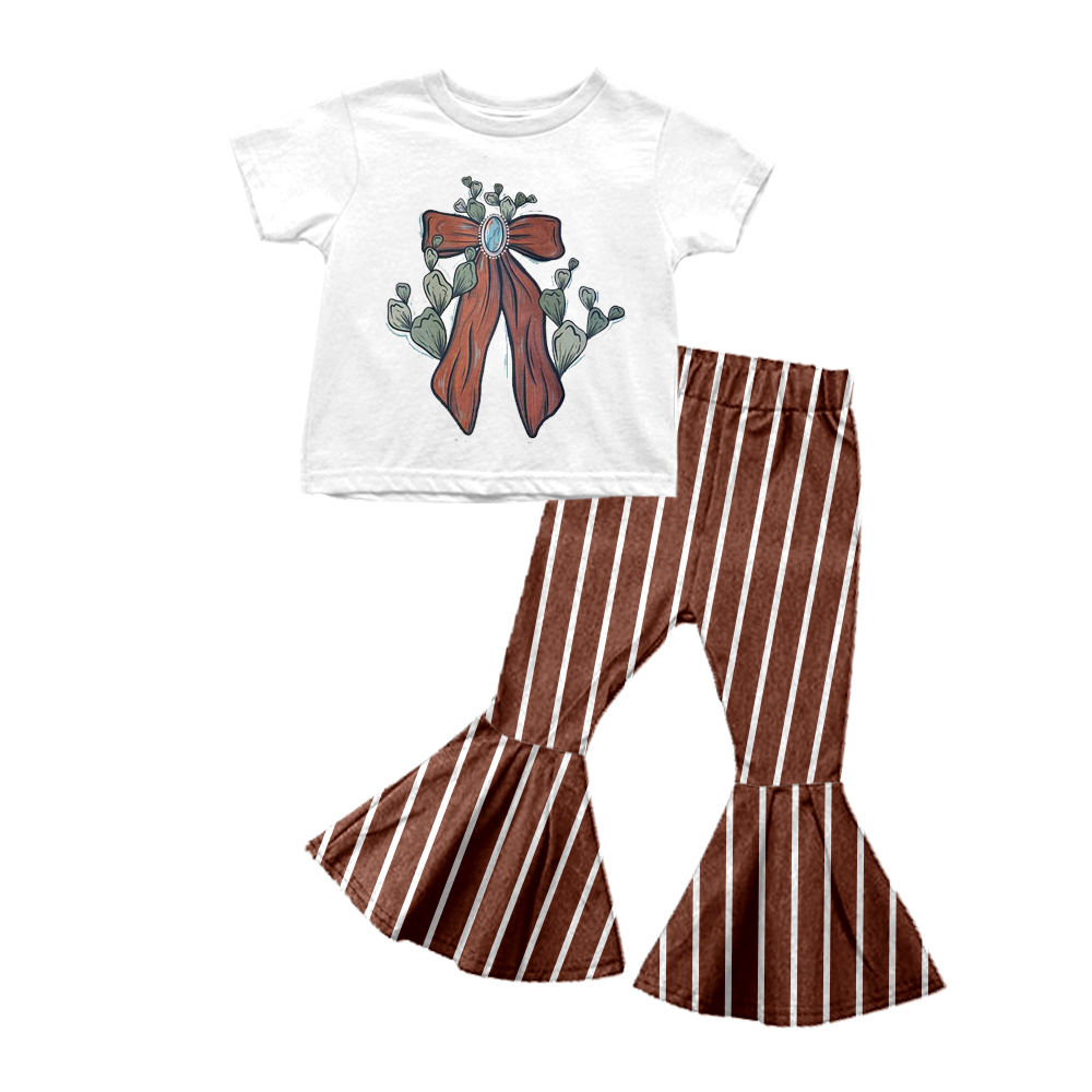 presale GSPO1704  Cactus Bow White Short Sleeve Brown Striped Trousers Set 2024 8.19