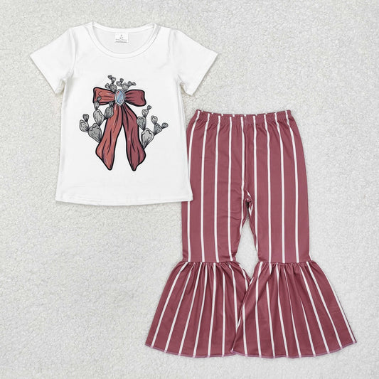 GSPO1704  Cactus Bow White Short Sleeve Brown Striped Trousers Set