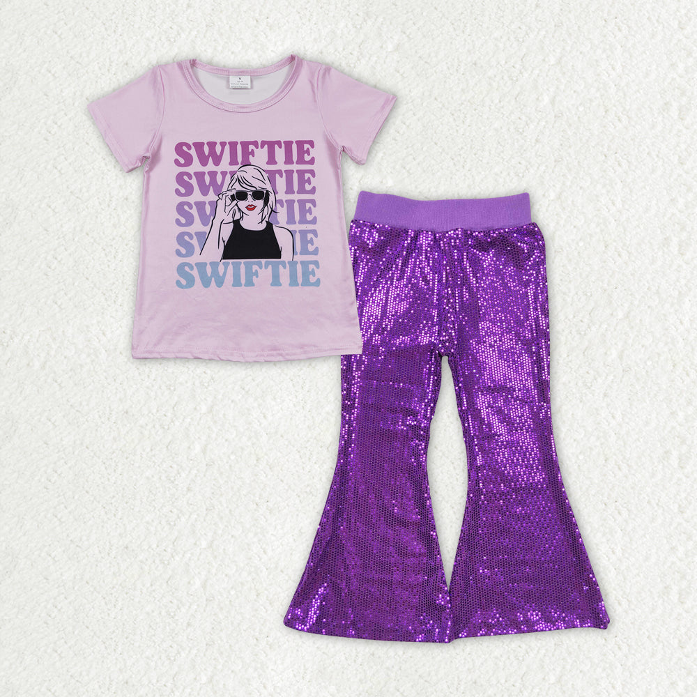 GSPO1707 Baby Girls Singer Shirt Purple Sequin Flare Pants Clothes Sets