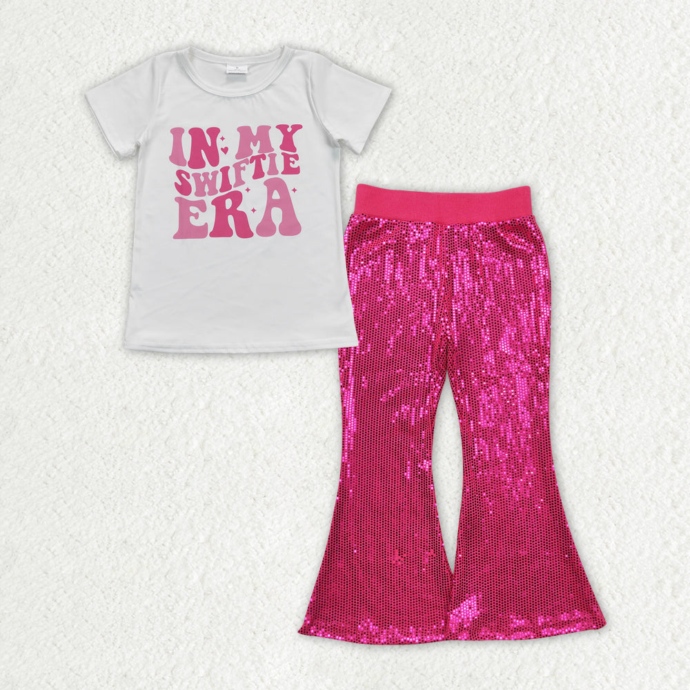 GSPO1708 Baby Girls Singer Era Shirt Dark Pink Sequin Flare Pants Clothes Sets