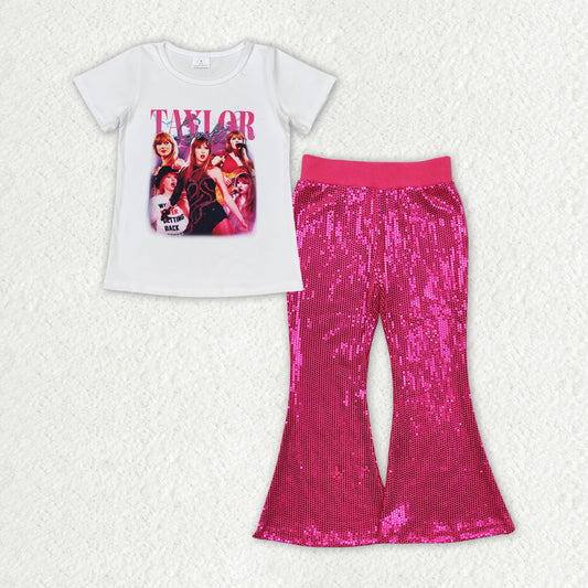 GSPO1709 Baby Girls Shirt Dark Pink Sequin Flare Pants Clothes Sets