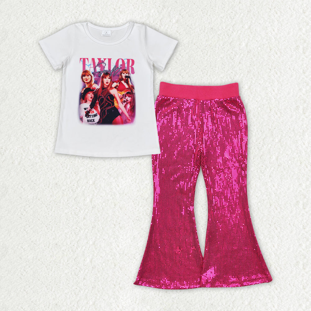 GSPO1709 Baby Girls Singer Shirt Dark Pink Sequin Flare Pants Clothes Sets