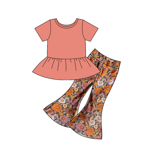 presale GSPO1717  Baby Girls Pink Tunic Orange Flowers Bell Pants Set 2024 8.29