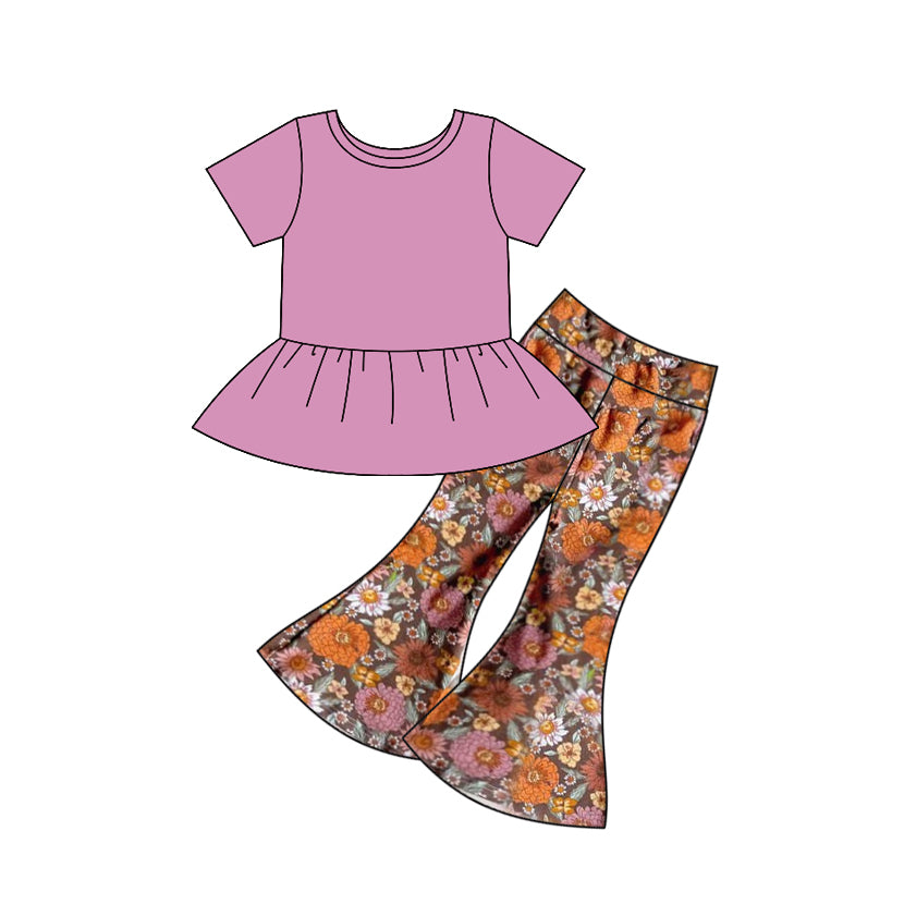 presale GSPO1718 Baby Girls Lavender Tunic Orange Flowers Bell Pants Set  2024 8.29