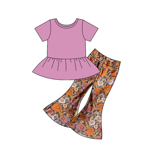 presale GSPO1718 Baby Girls Lavender Tunic Orange Flowers Bell Pants Set 2024 8.29