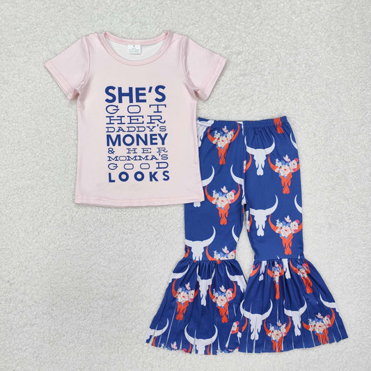 GSPO1720 Pink short-sleeved alpine bull head tassel blue trousers suit with letters