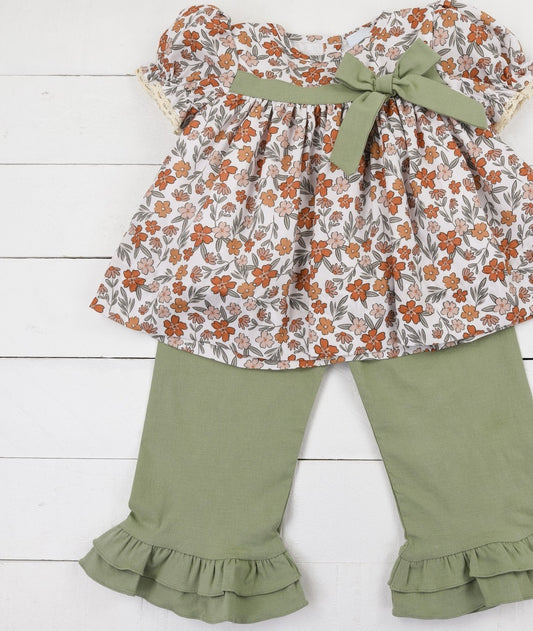 presale GSPO1722 Orange flower leaves green bow short-sleeved trousers suit 2024 9.18