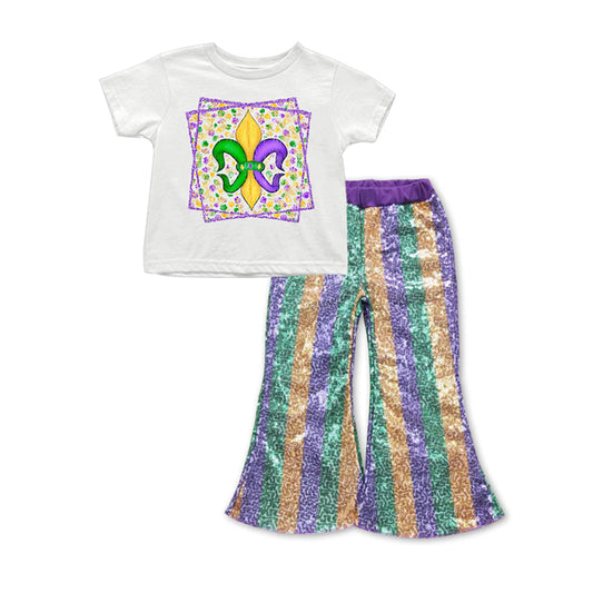 presale GSPO1724 TODDLER GIRL CLOTHES MARDI GRAS GIRL BELL BOTTOMS SET  2024 9.23