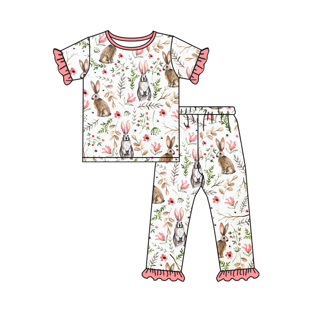 presale GSPO1727 Easter Bunny Flowers and Pink Lace White Short Sleeve Long Pants Pajama Set  2024 9.27